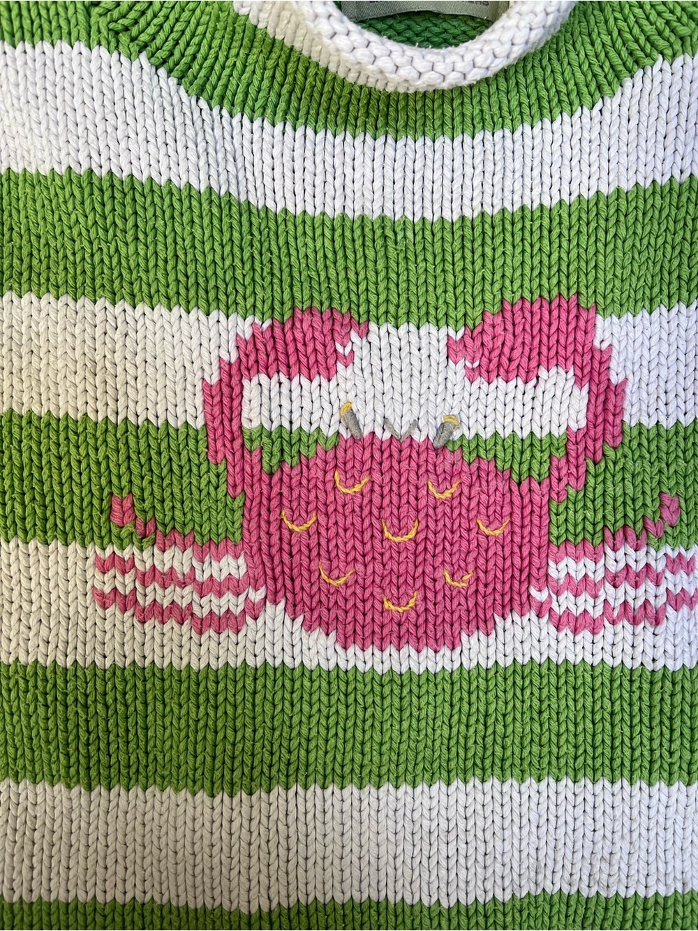 Striped Green & White Knit Sweater with Pink Crab Motif
